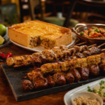 Mesa de boteco com espetinhos, empadão goiano e acompanhamentos