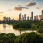 Parque urbano arborizado com lago e horizonte de Goiânia ao pôr do sol