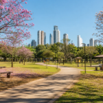 Parque urbano com ipês floridos, caminhos e prédios de Goiânia